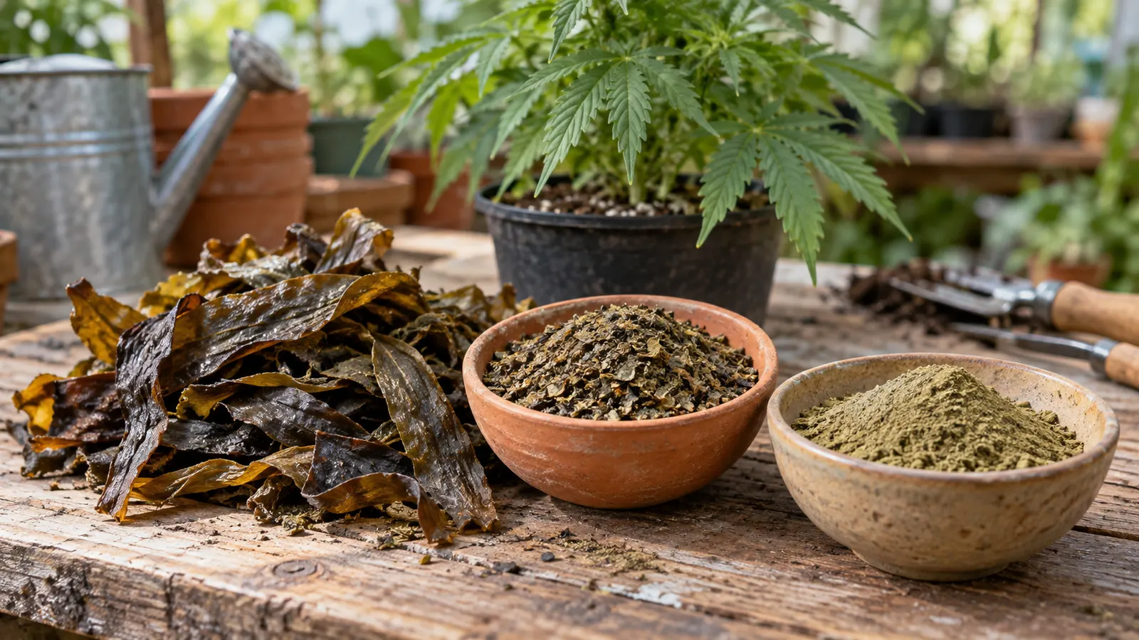 Getrocknete Kelp-Streifen, grobes Mehl und feines Pulver liegen auf einem Pflanztisch.
