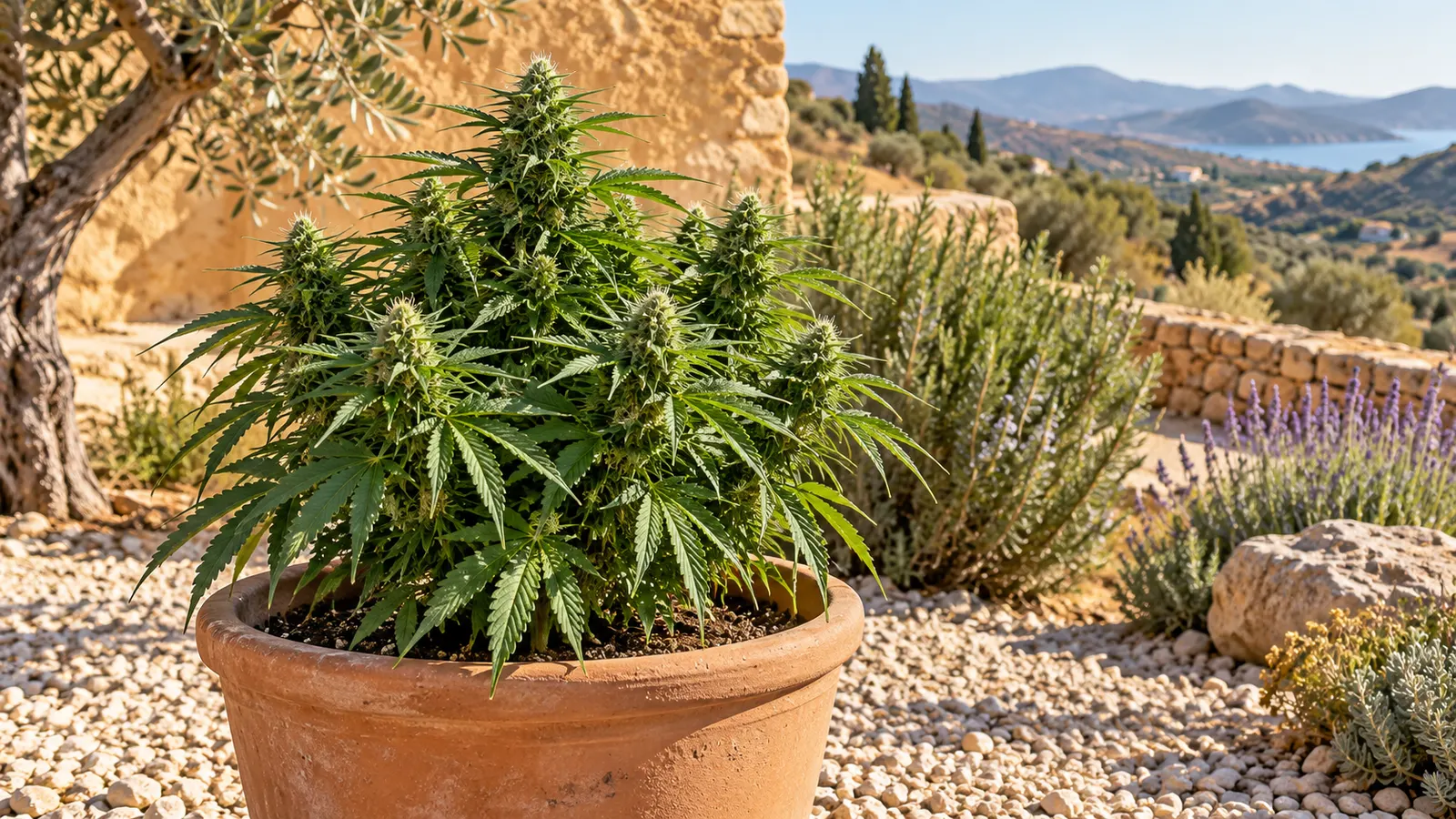 Un plant de cannabis pousse dans un pot en terre cuite dans un jardin méditerranéen sec.