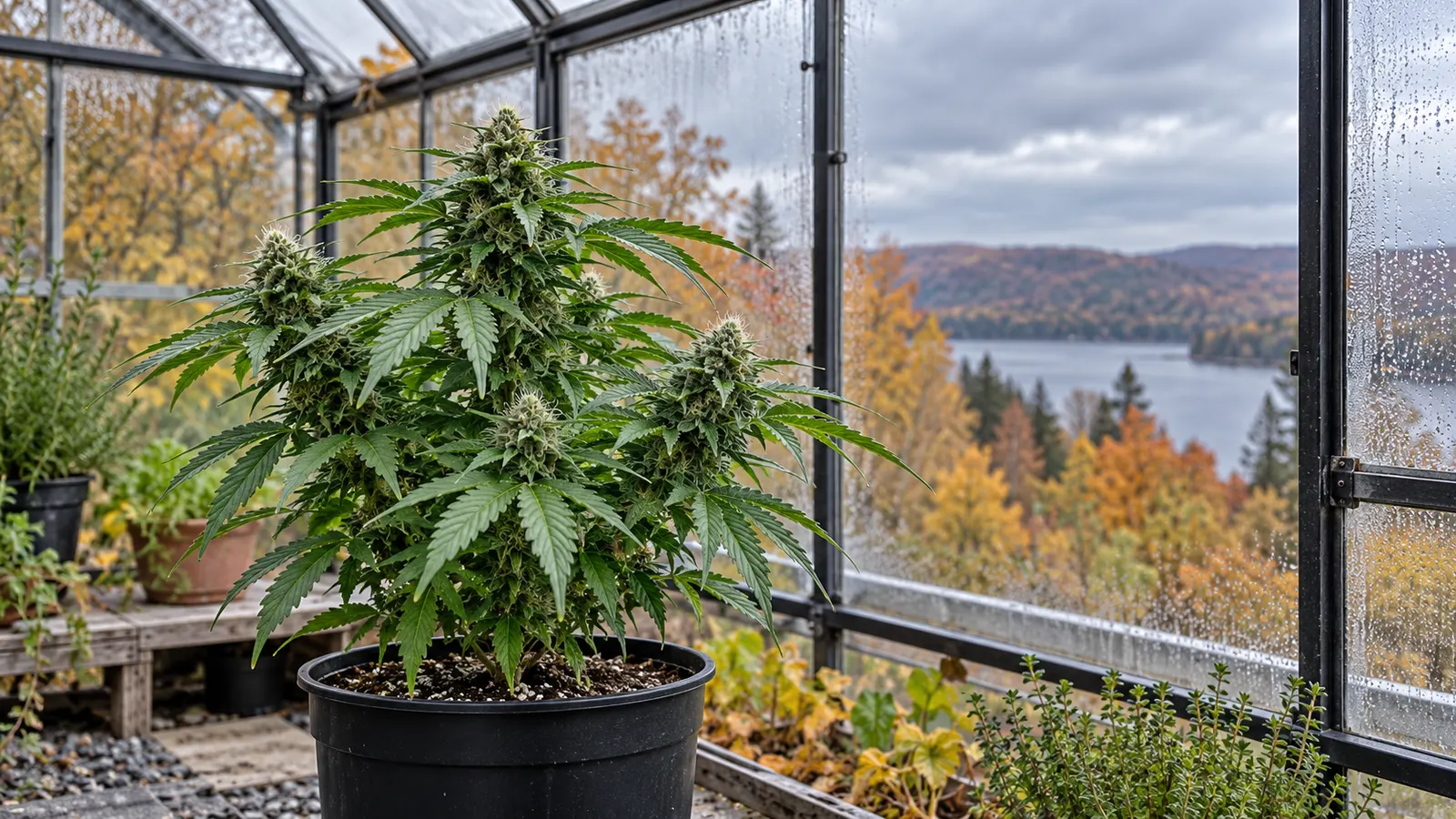 Un plant de cannabis dans une serre avec des arbres d'automne à l'extérieur.