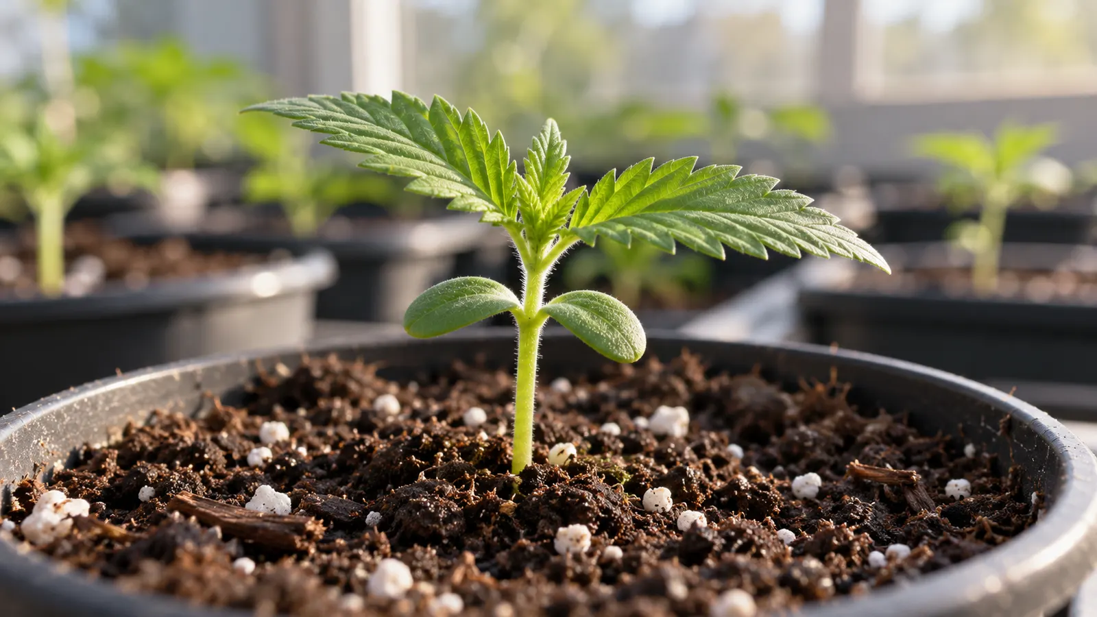 A young cannabis seedling with its first serrated leaves grows in a small nursery pot.