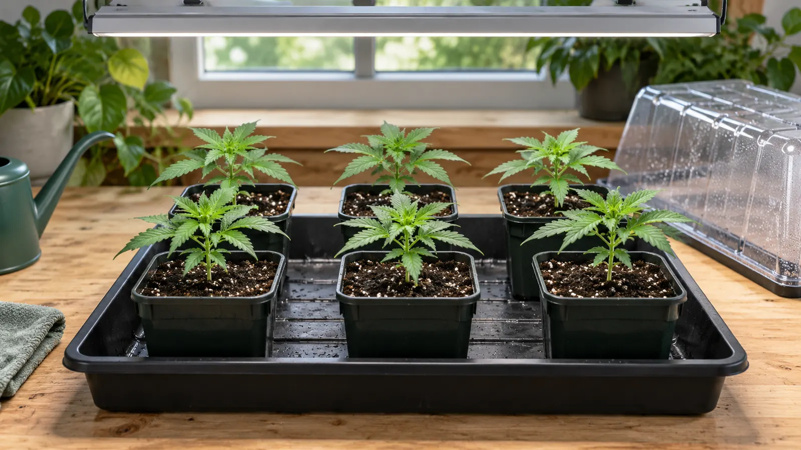 Healthy cannabis seedlings stand in separate pots beneath a grow light on a clean propagation bench.