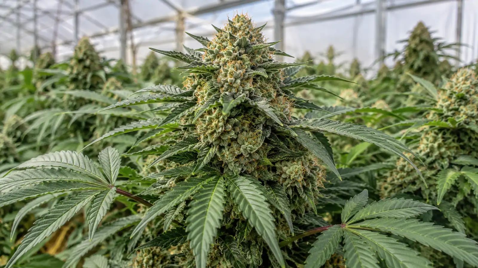 A compact flowering cannabis plant has dense buds, orange pistils and broad green leaves.