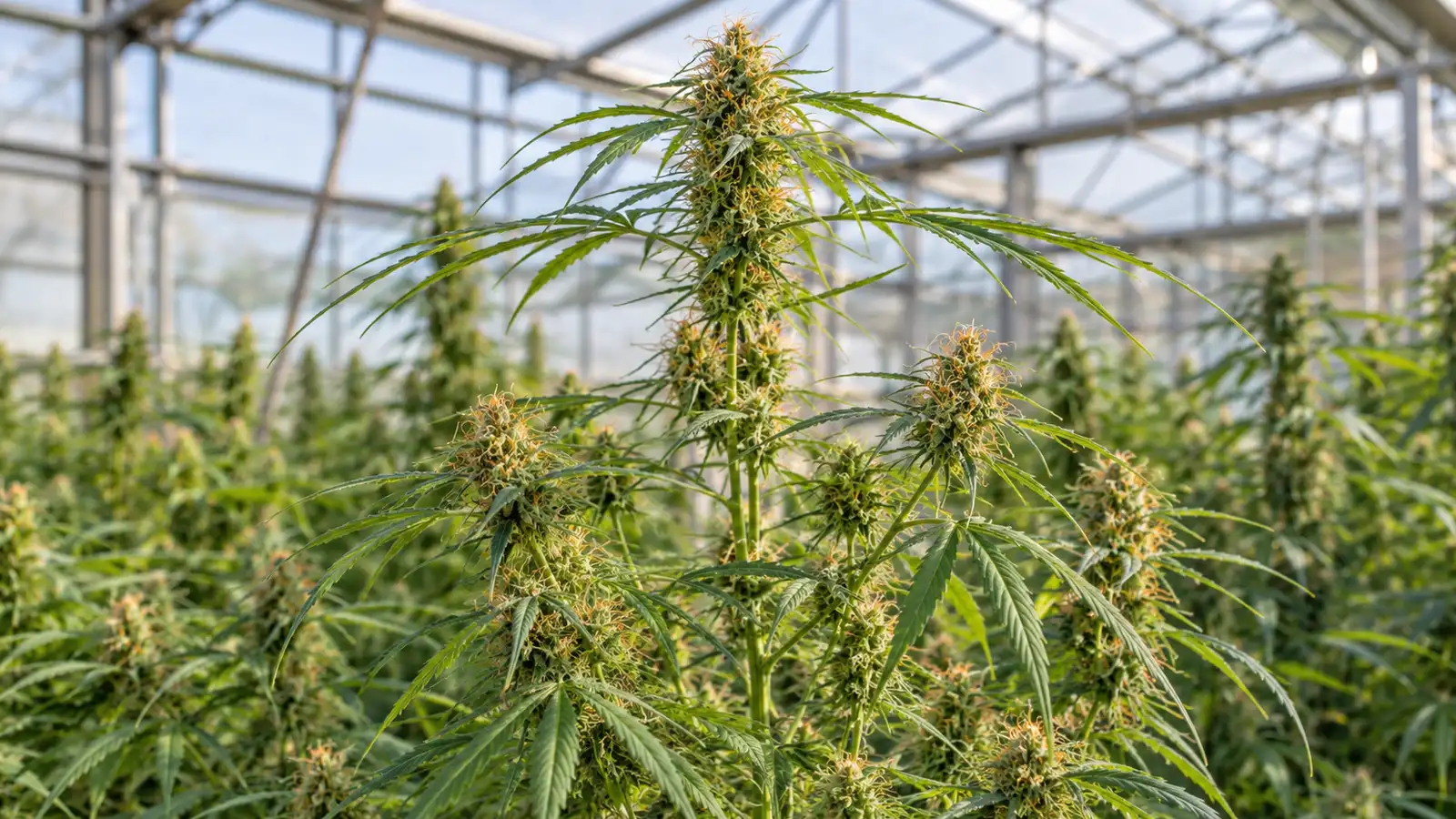 A tall flowering cannabis plant has narrow leaves, spaced branches and elongated airy buds.