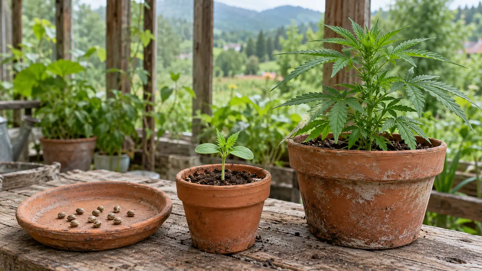 Cannabis seeds, a seedling and a young plant sit on a rustic greenhouse bench.