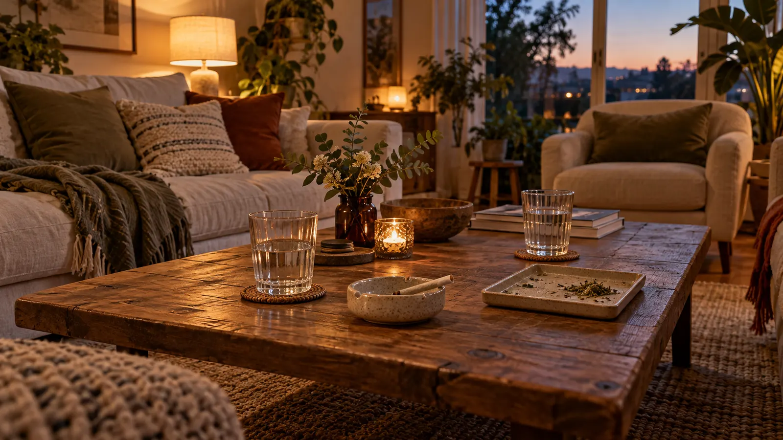 A cozy seating area surrounds a coffee table with water glasses, a rolling tray, and an unlit joint.