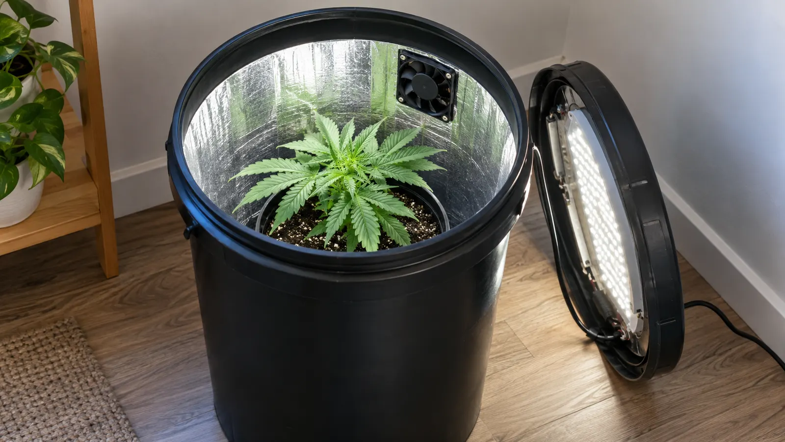 En lille cannabisplante vokser inde i en kompakt sort spand med ventilator og reflekterende foring.