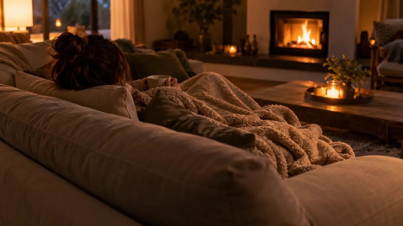 Person slumped into a couch under a blanket, looking heavy-limbed and sleepy
