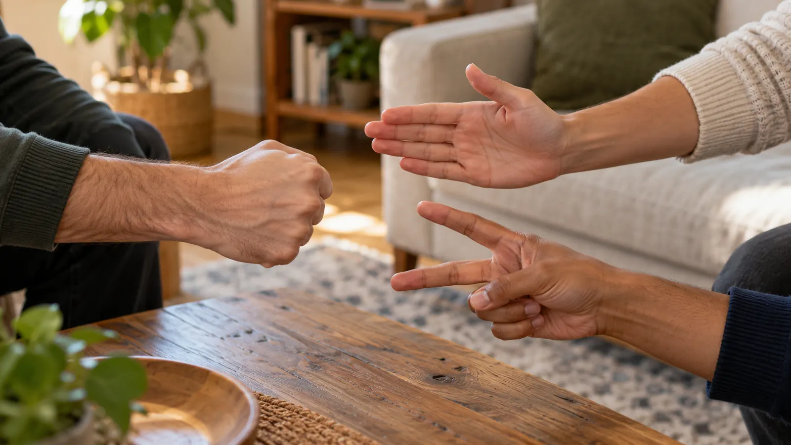 Three adult hands play rock paper scissors over a wooden coffee table.