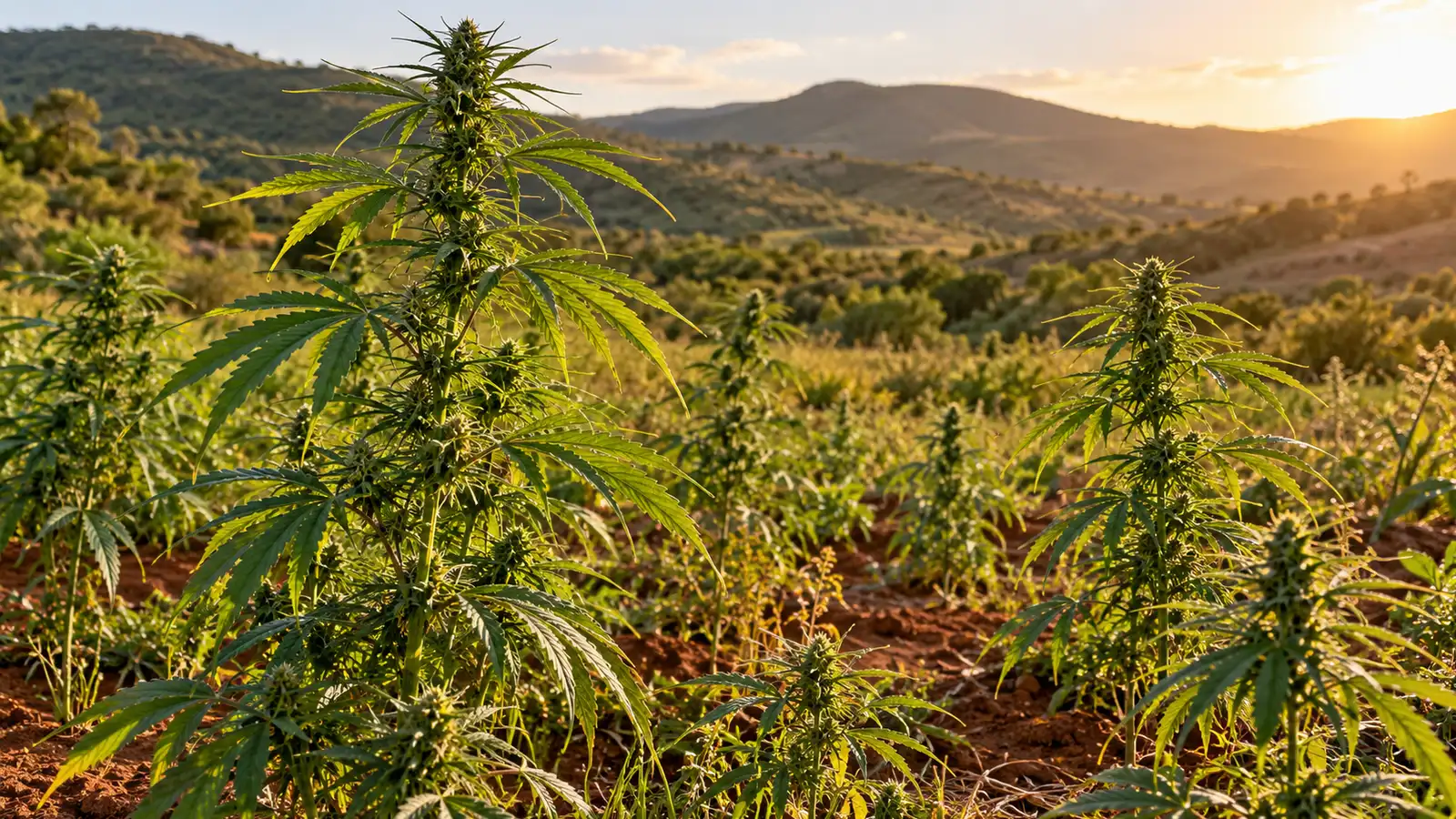 Tall narrow-leaf cannabis plants grow in red soil beneath distant green hills.