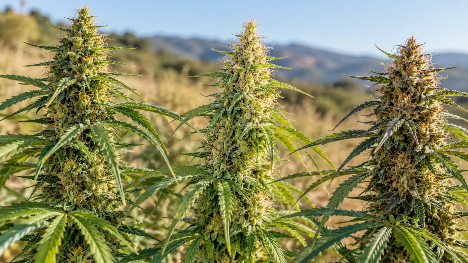 Three cannabis flowering branches show varied flower shapes and shades of green.