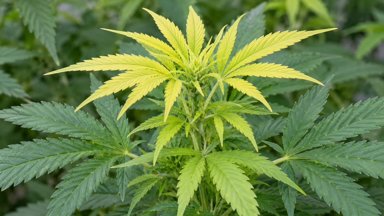 Blassgelbe junge Blätter bilden einen Kontrast zu älteren grünen Blättern an einer Cannabispflanze.