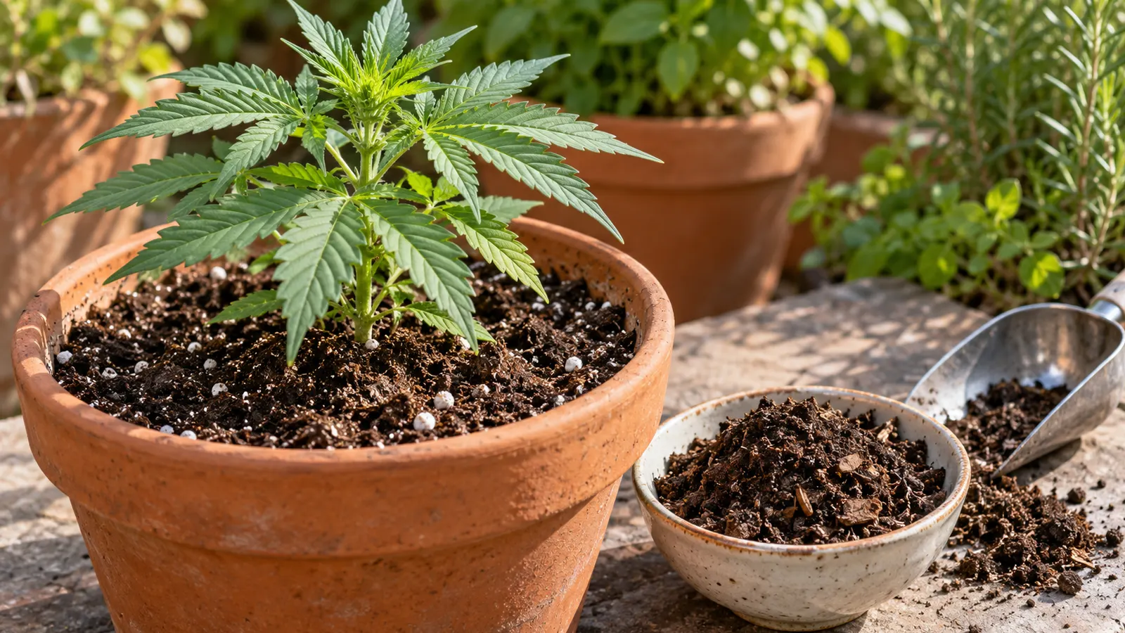 Eine junge Cannabispflanze wächst in lockerer Erde neben Kompost und einer Erdschaufel.