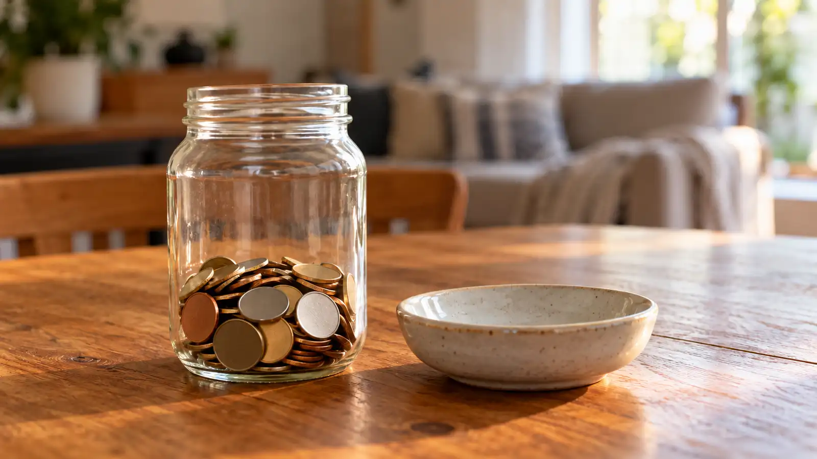 A clear jar of coins sits beside an empty ceramic dish on a wooden table.