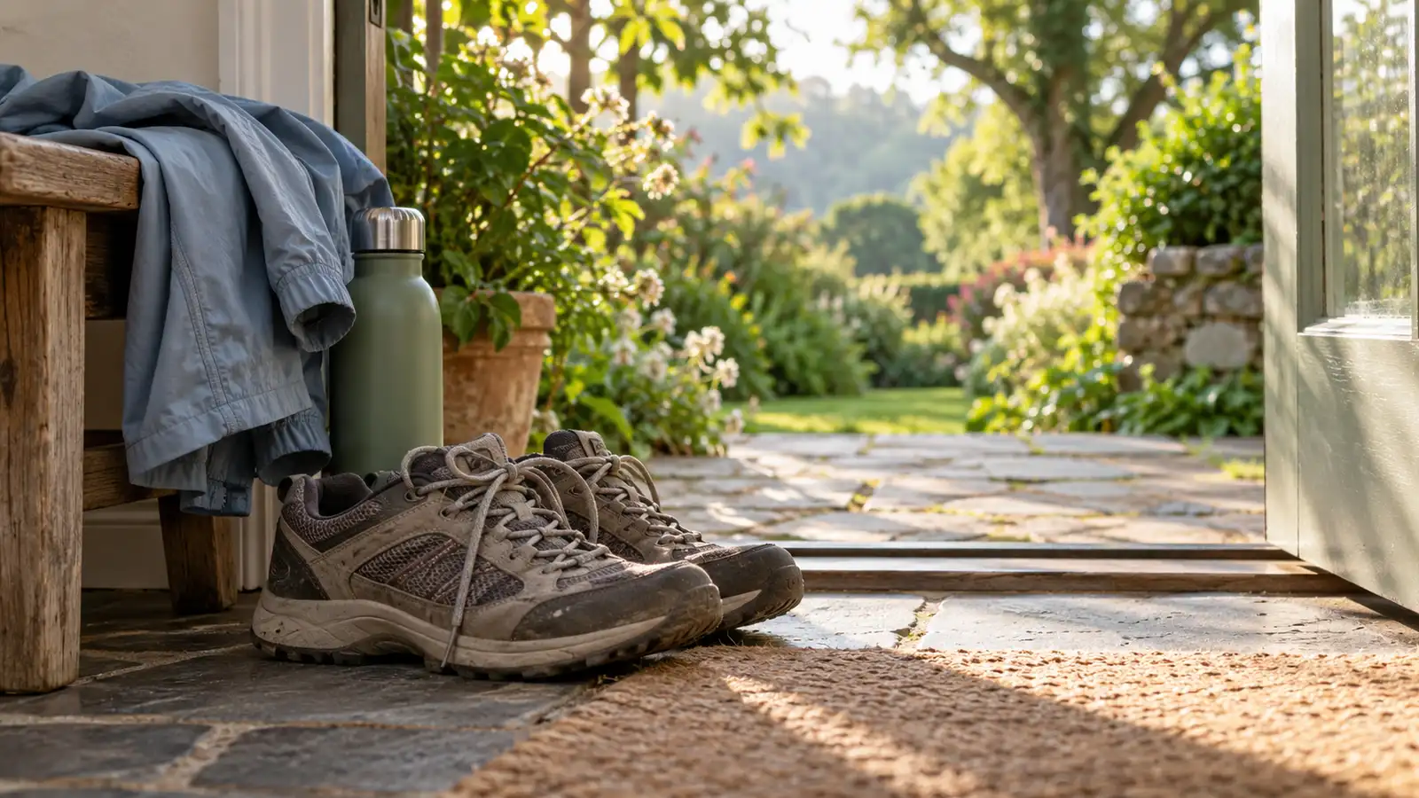 Walking shoes, a water bottle and a jacket rest beside a doorway opening onto a garden.