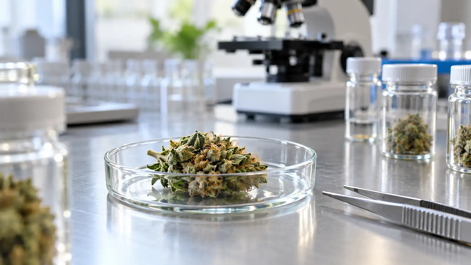A cannabis flower sample, glass vials and tweezers sit on a laboratory bench near a microscope.
