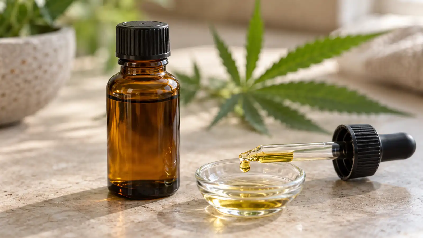 An amber tincture bottle stands beside a glass dropper holding a golden droplet.