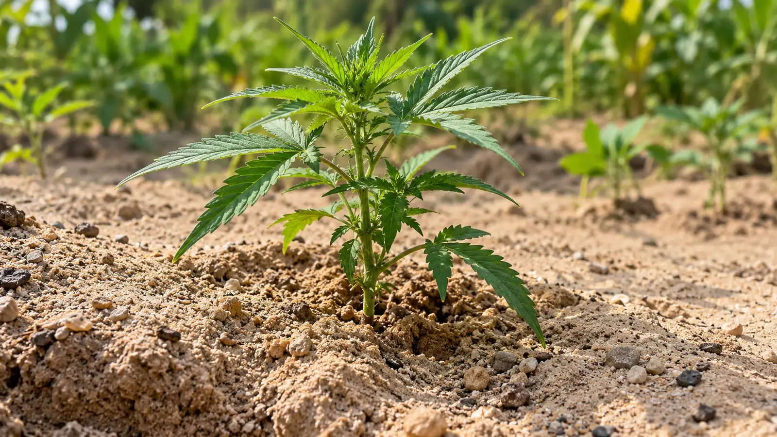 A young cannabis plant grows in loose sandy soil with visible coarse grains and small pebbles.
