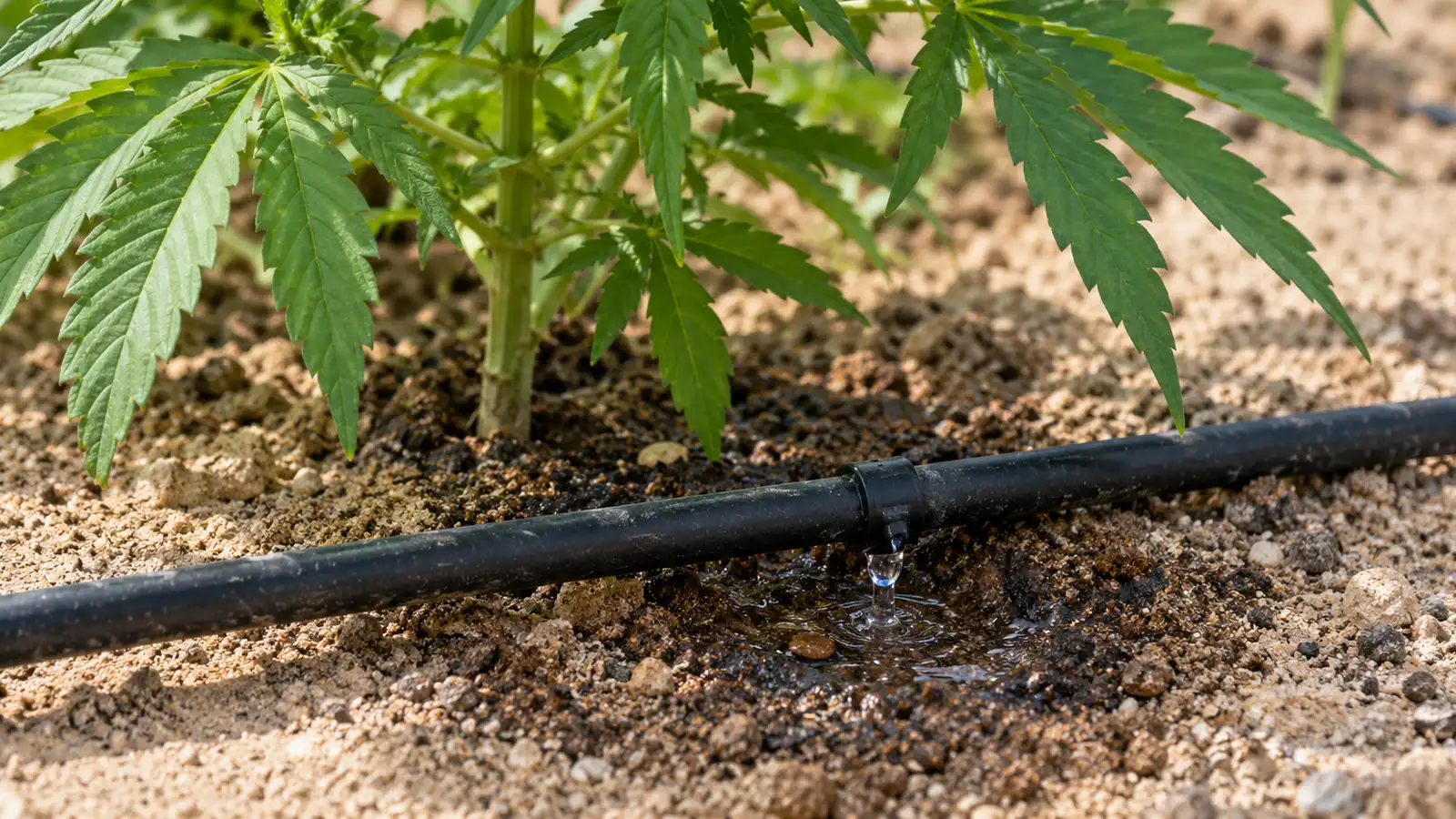 A drip emitter moistens sandy soil around the base of a young cannabis plant.