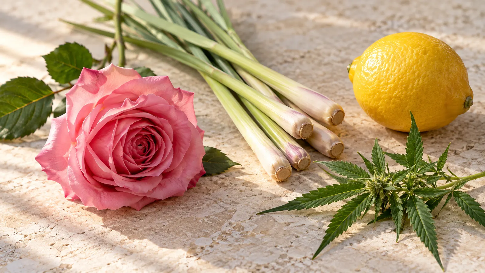 A pink rose, lemongrass, lemon and cannabis sprig arranged on a pale stone surface.