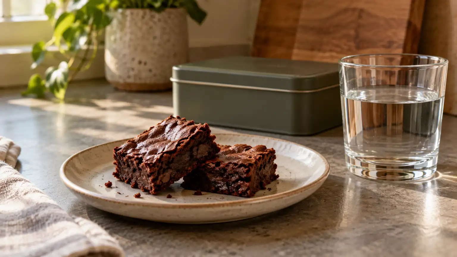 Two chocolate brownie squares sit on a ceramic plate beside a glass of water.