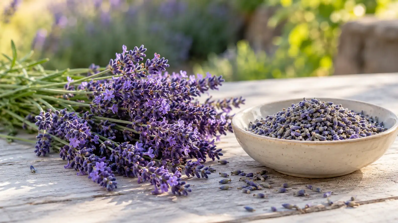 Fresh lavender sprigs lie beside a ceramic bowl of dried purple buds.