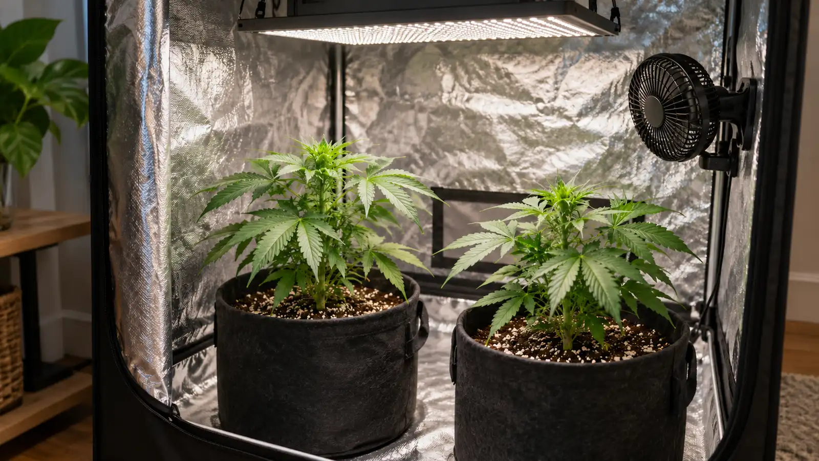 Two young cannabis plants grow beneath an LED panel inside a compact indoor tent.