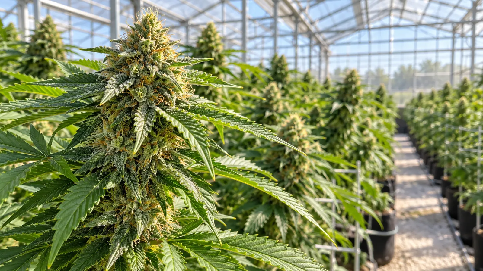 Blommande cannabisplantor växer i ett ljust växthus.