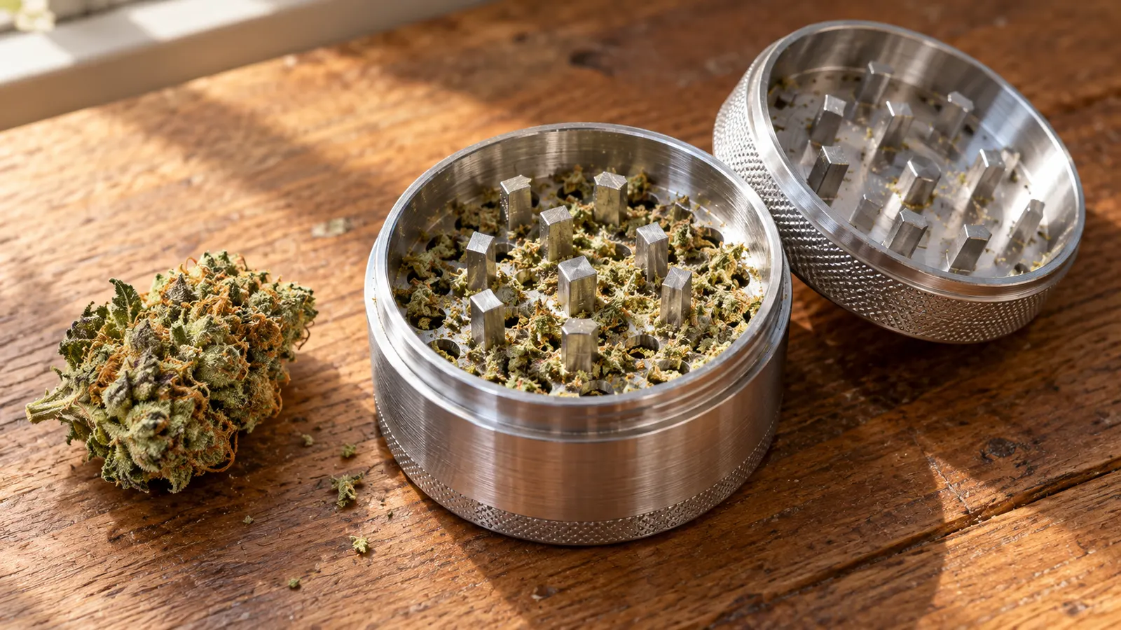 Un grinder di metallo aperto mostra i denti e la cannabis macinata accanto a un'infiorescenza essiccata.