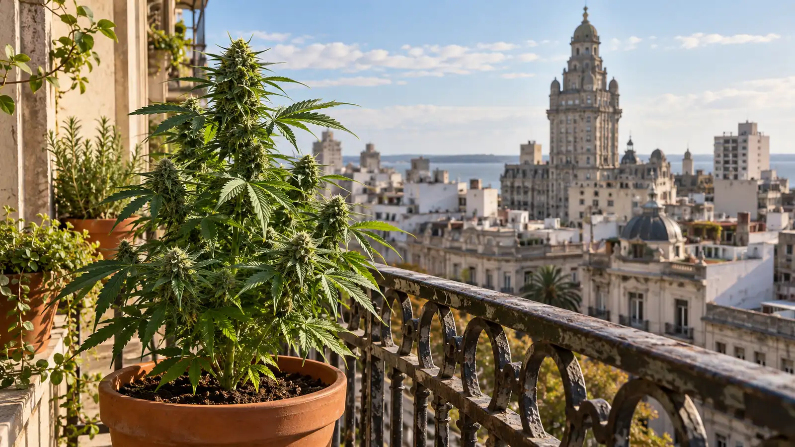 A potted cannabis plant overlooks Montevideo rooftops and the distant Palacio Salvo.