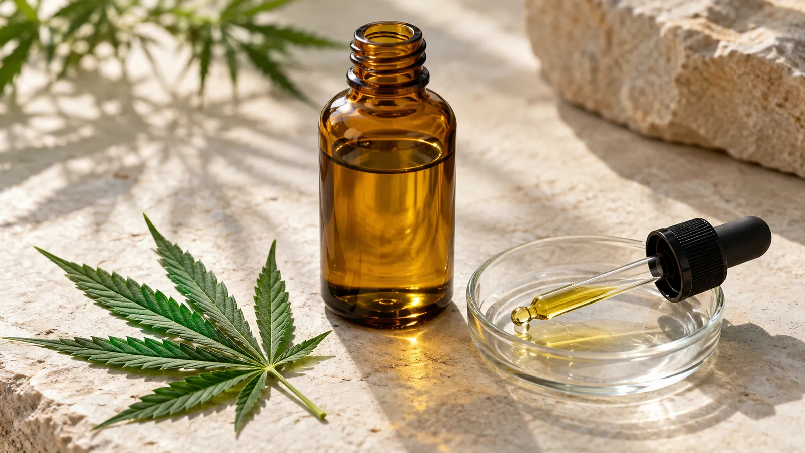 Un frasco cuentagotas ámbar sin etiquetar y una pipeta de vidrio junto a una hoja de cannabis.