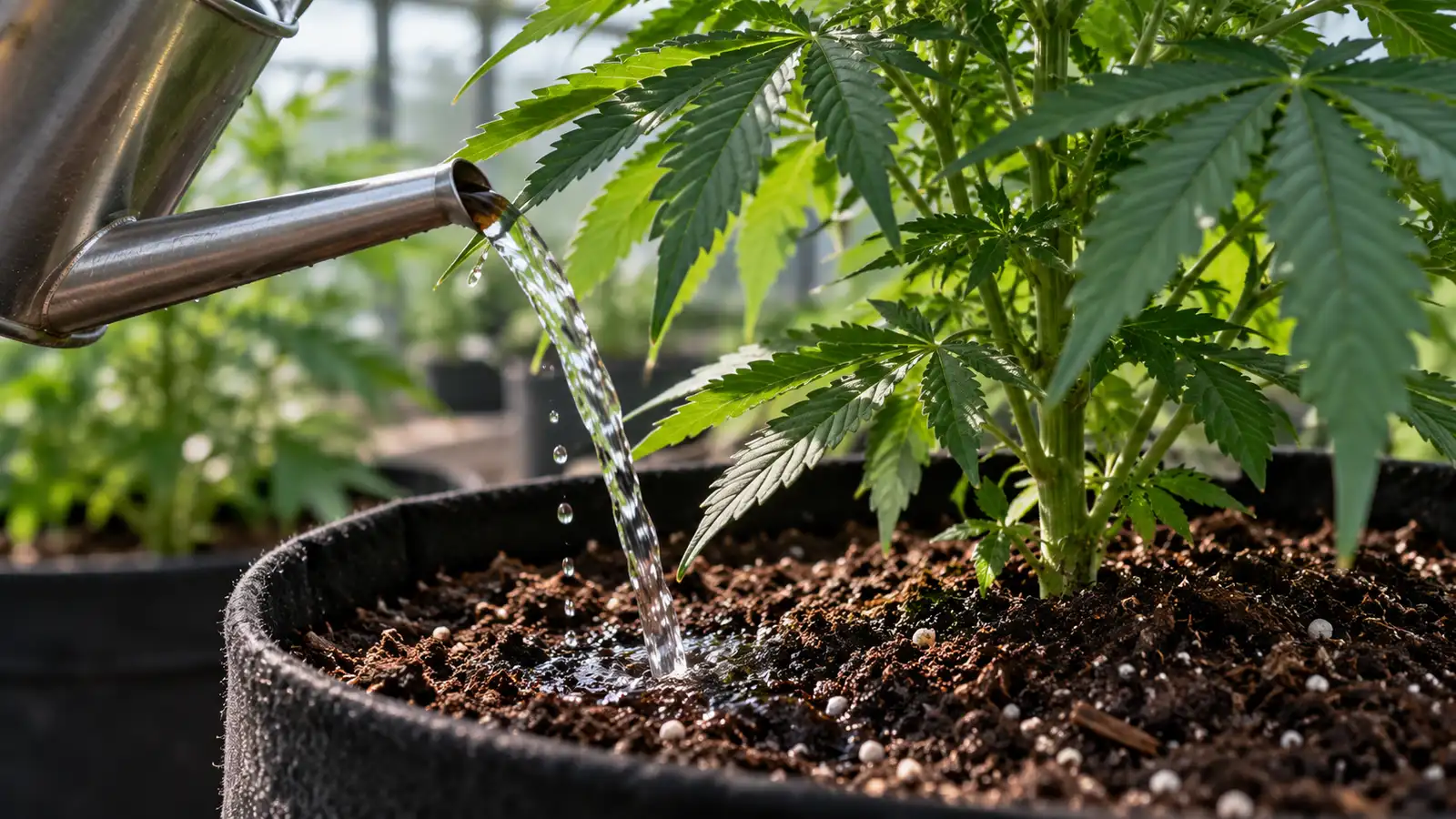 Clear water pours onto the soil at the base of a potted cannabis plant.