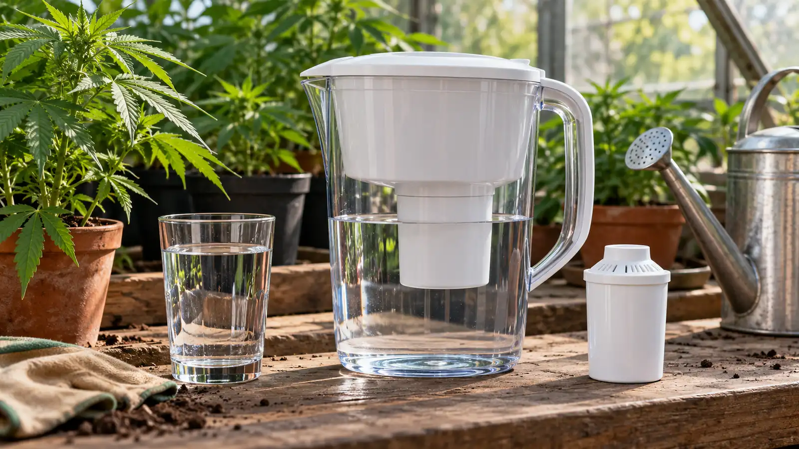 A water filter pitcher, clear glass and watering can sit on a greenhouse bench.