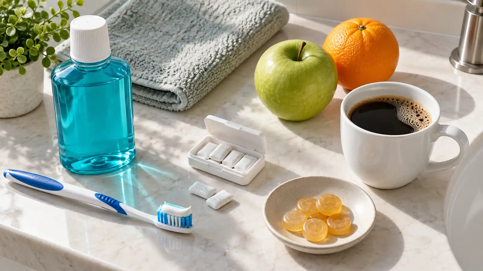 Toothbrush, mints, mouthwash, apple, citrus, coffee and lozenges laid out as remedies for weed breath