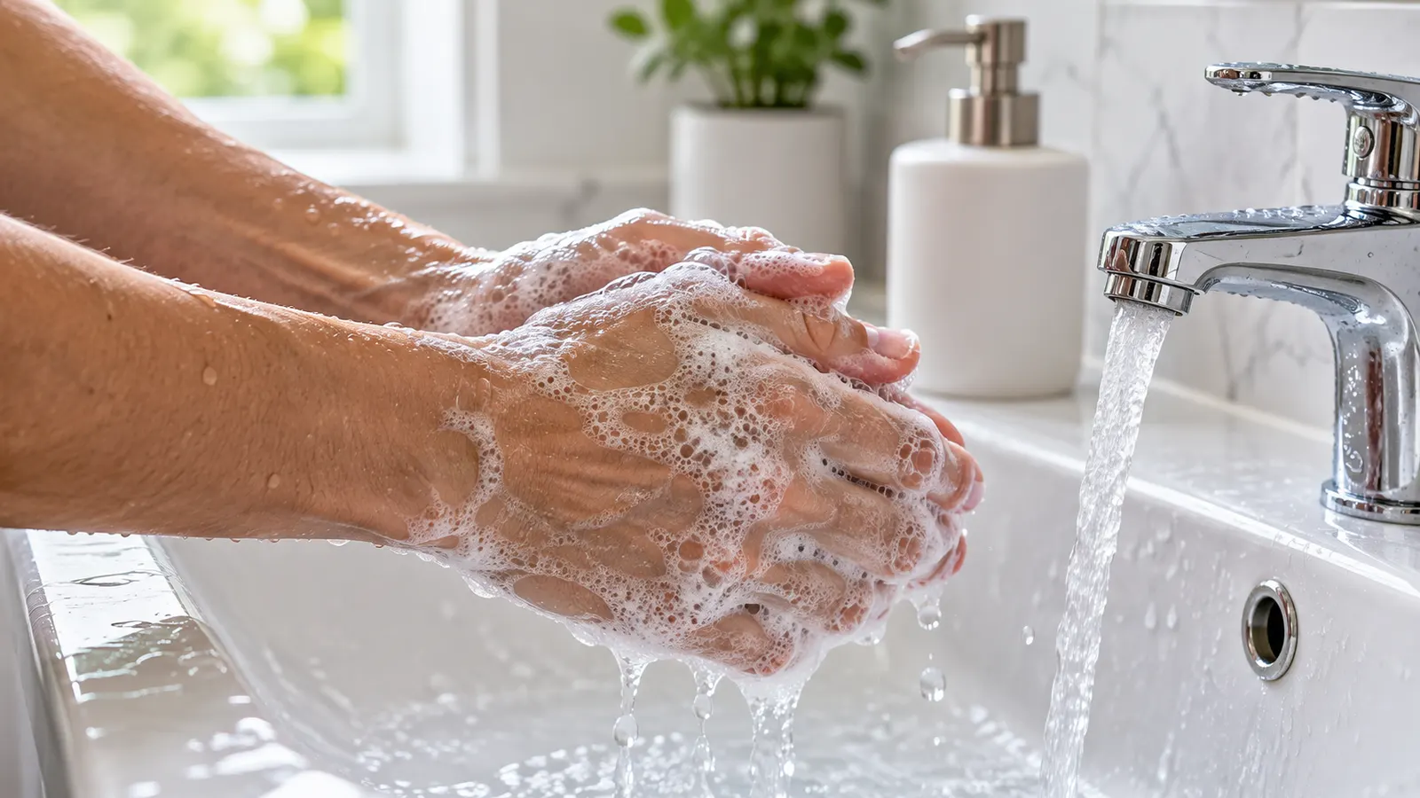 Mani adulte coperte di schiuma di sapone lavate sotto l'acqua corrente in un lavandino bianco.