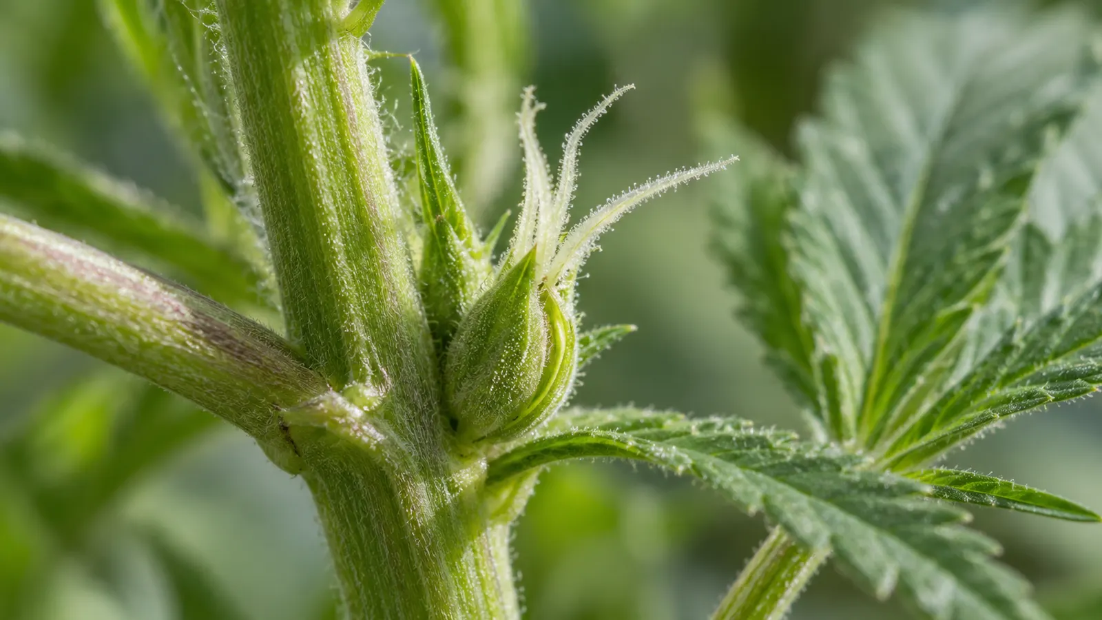 Fine hvide pistiller kommer frem fra en ung cannabisblomst ved et stængelled.