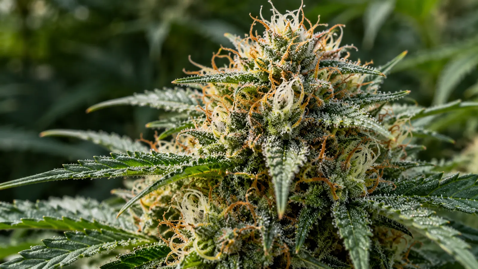 Hvide og ravfarvede pistiller blander sig med små trichomer på en udviklet cannabisblomst.