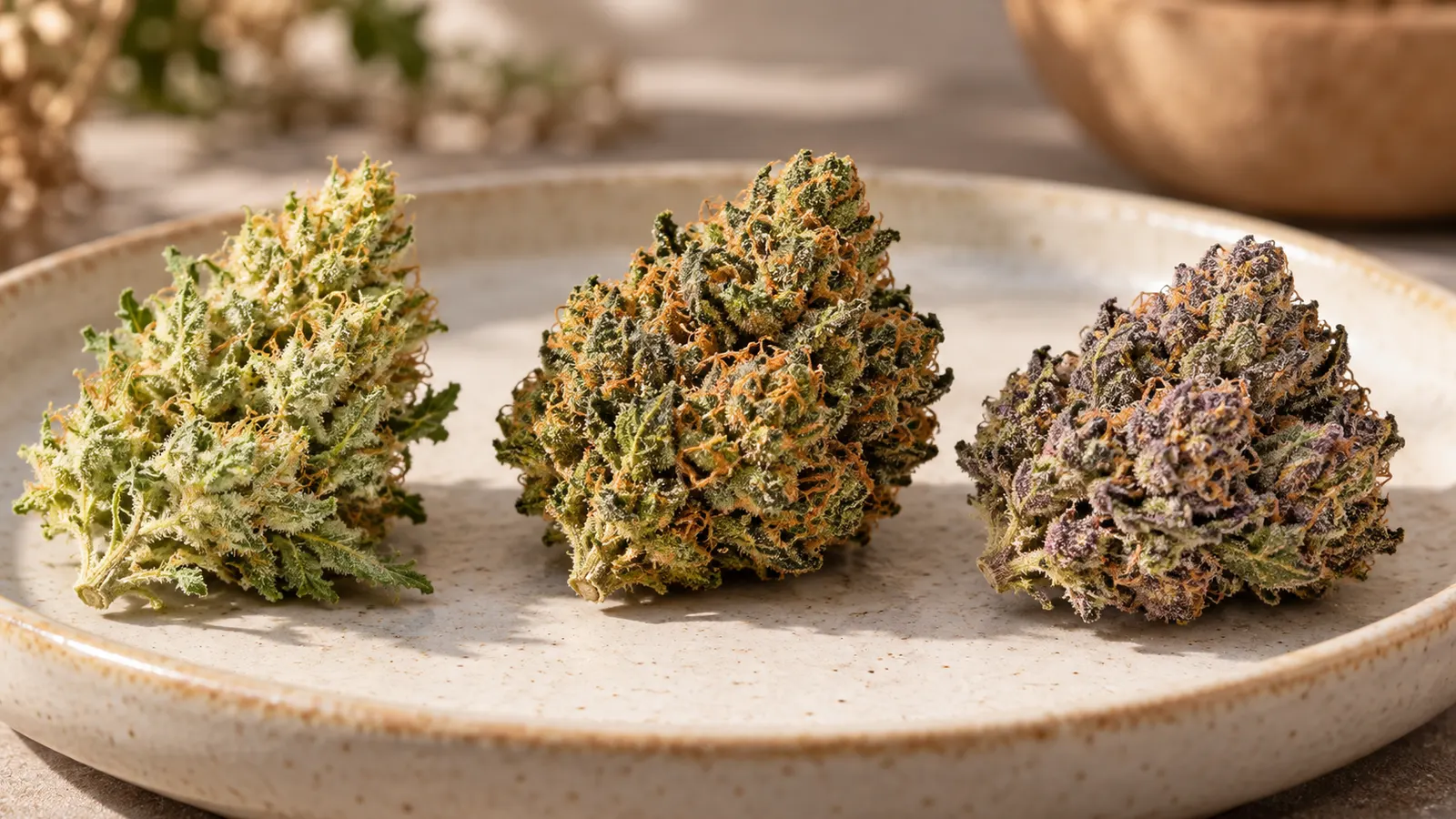 Tre tørrede cannabisblomster med forskellige farver og former hviler på en keramisk bakke.
