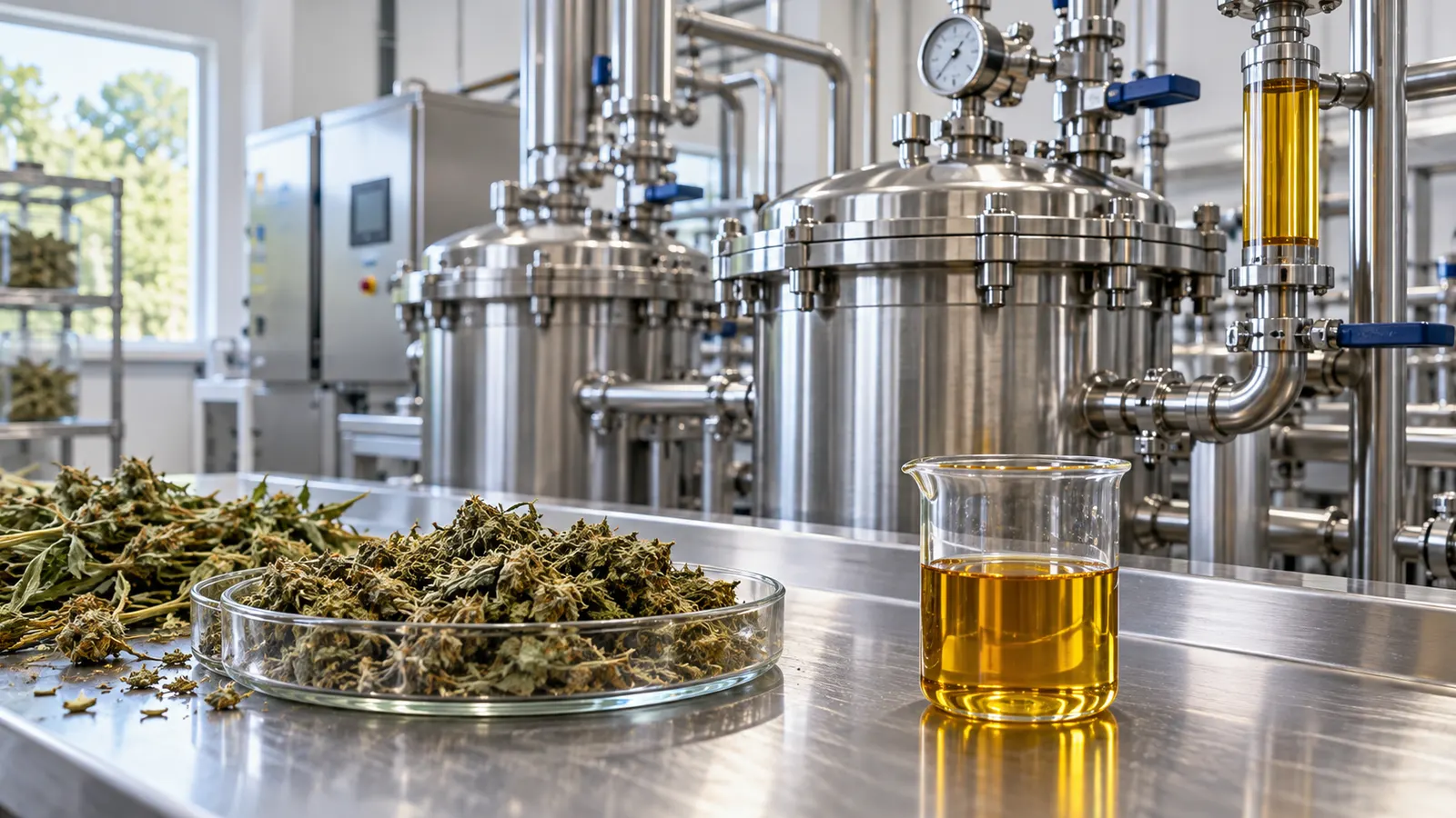 Un équipement d'extraction en acier inoxydable se trouve derrière un bécher d'extrait de chanvre doré.