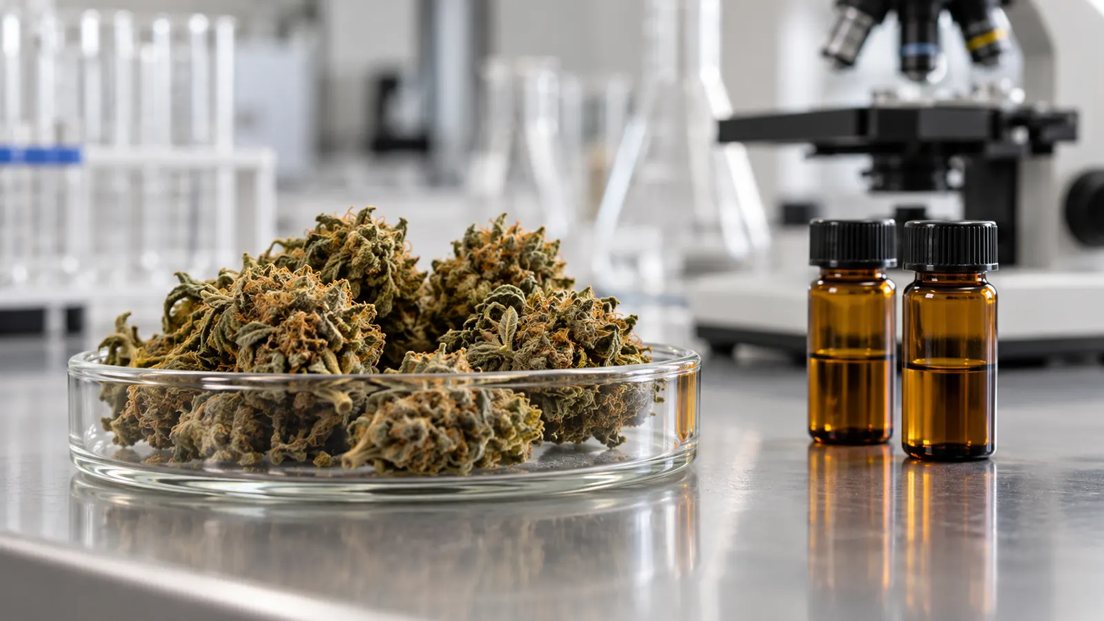 Dried cannabis buds in a glass dish sit beside amber sample vials in a laboratory.