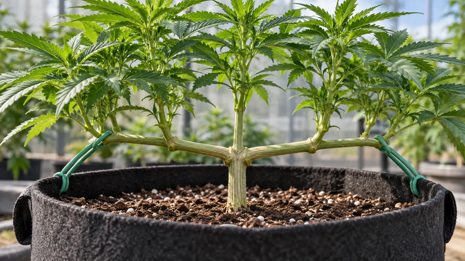 Un jeune plant de cannabis aux branches symétriques maintenues bas par des attaches de jardin souples.