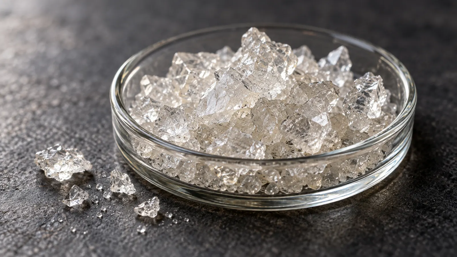 Des fragments cristallins translucides dans un plat en verre peu profond sur une table sombre.