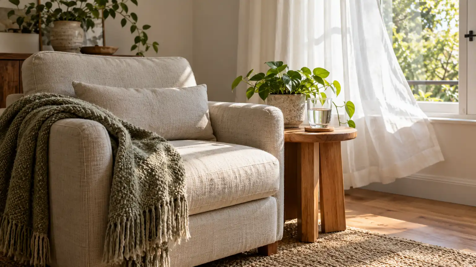 A linen armchair, soft blanket, and glass of water fill a quiet sunlit room.