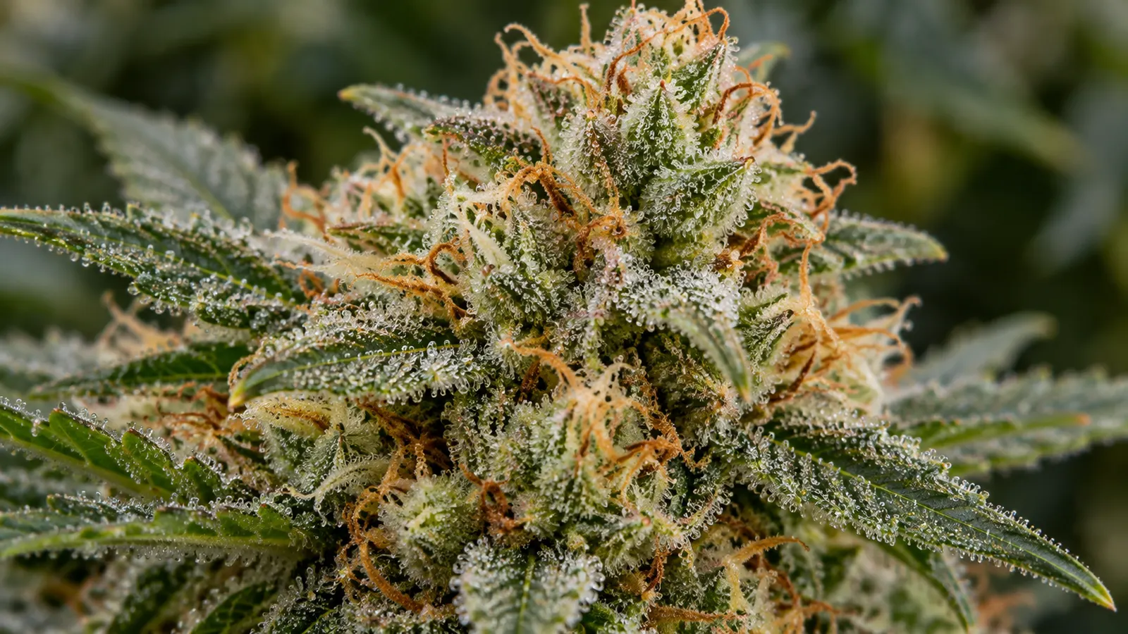 A dense cannabis flower has a frosty coating of resin trichomes and scattered orange pistils.