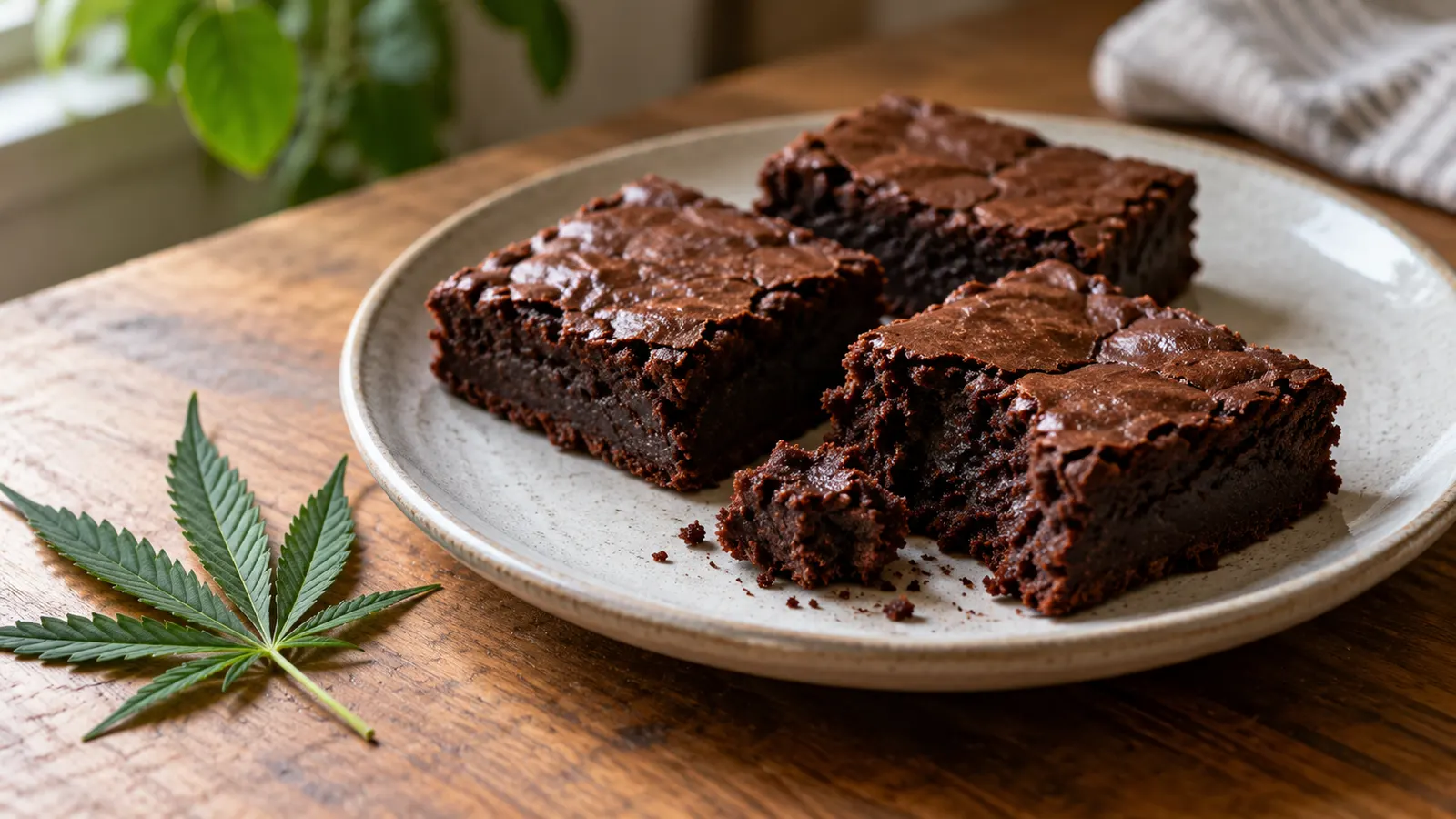 Chokoladebrownie-stykker ligger på en keramiktallerken med et cannabisblad ved siden af.