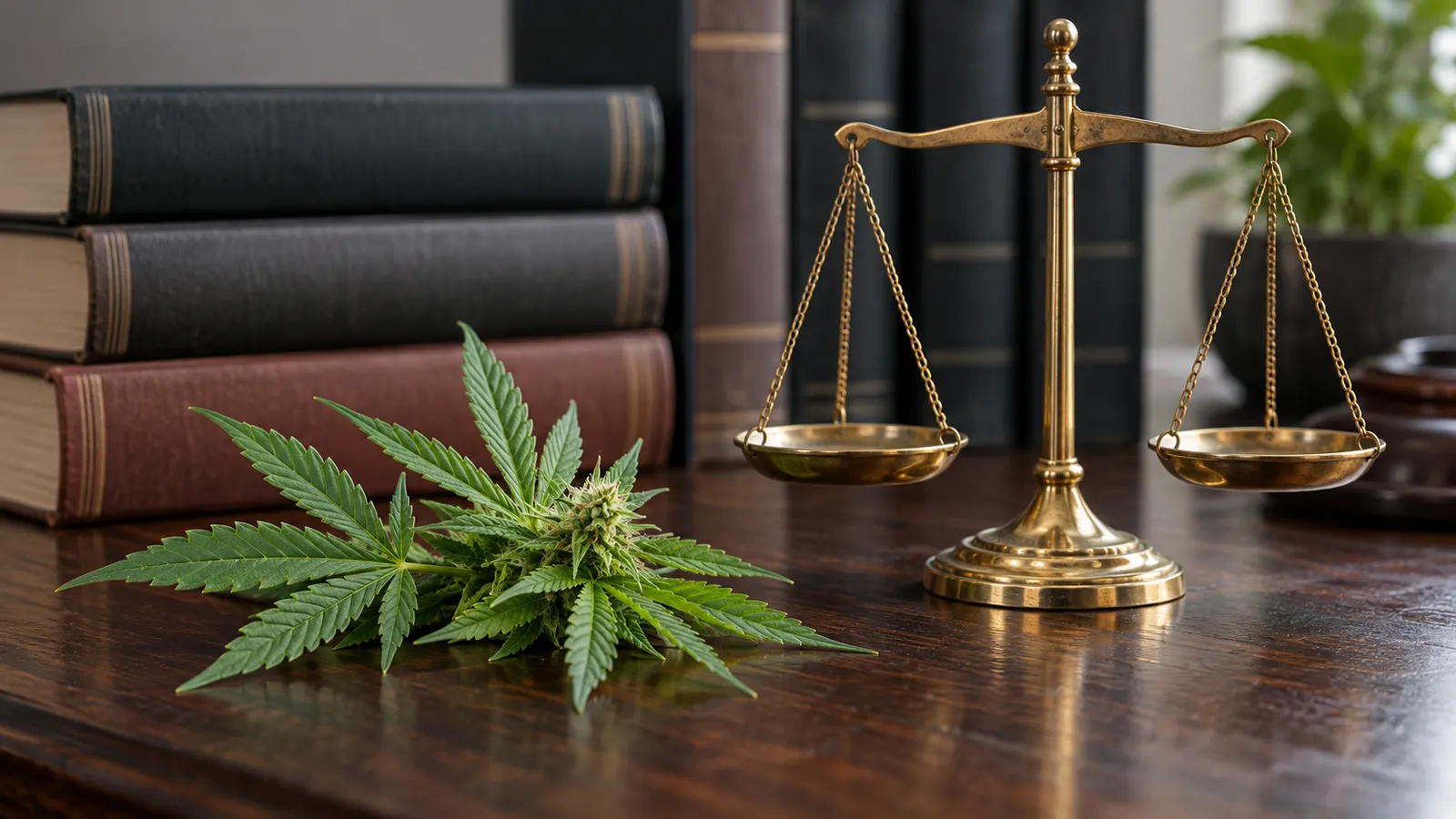 En cannabisgren hviler ved siden af en vægt af messing på et træskrivebord.