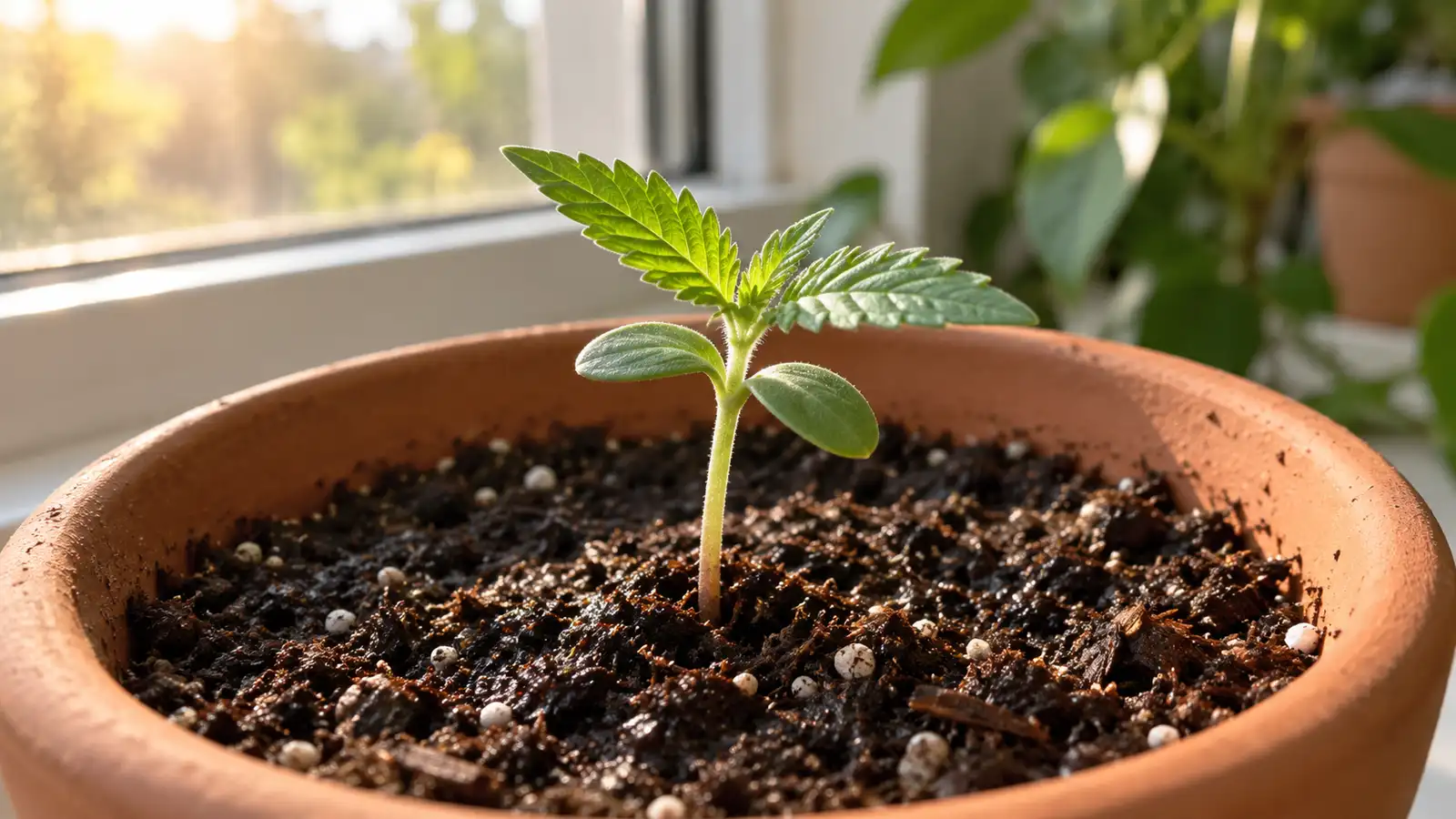 A tiny cannabis seedling opens its first leaves above moist soil in a terracotta pot.