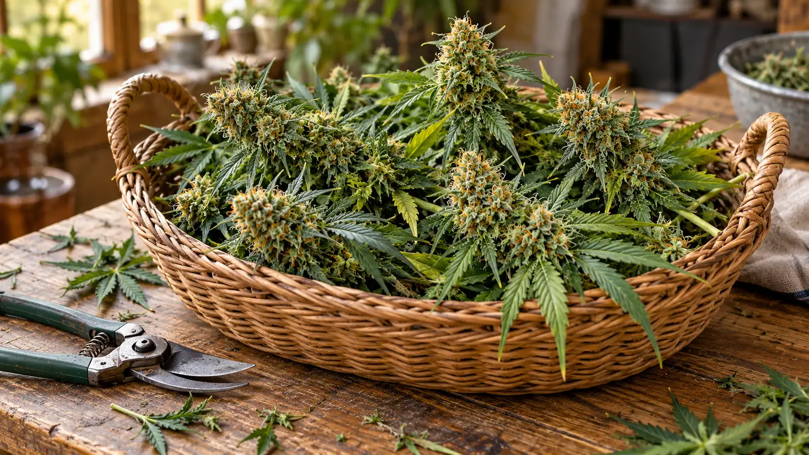 Freshly cut cannabis branches rest in a wicker basket beside pruning shears.